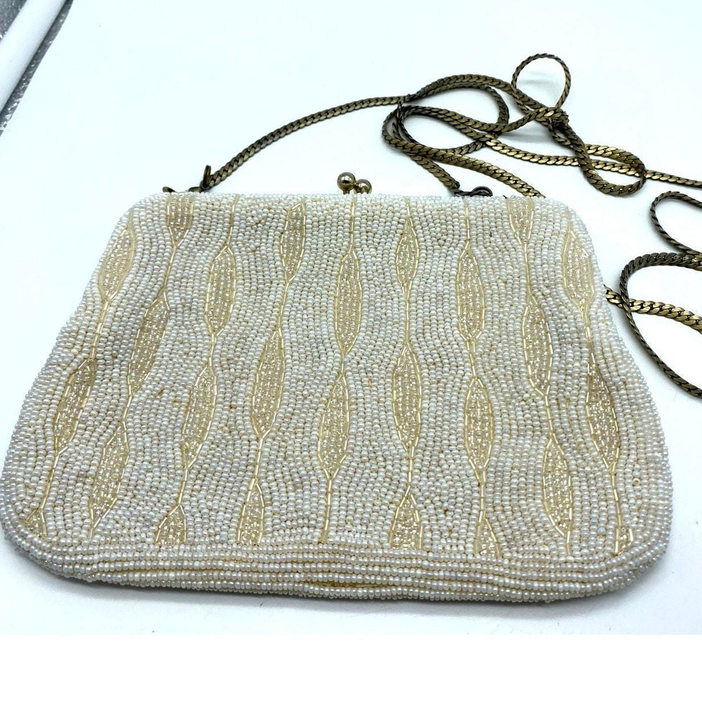Vintage Beaded Ivory Cream Small Purse‎ Handbag Long Chain Strap Korea READ